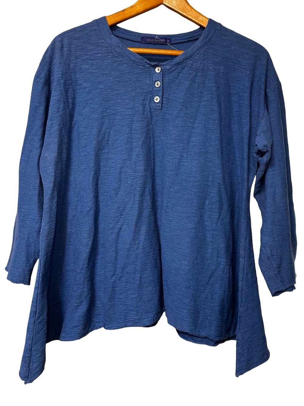 Cut Loose Blue Slub Knit Cotton Linen Henley Tunic Top XL 3/4 Sleeve Boho Chic